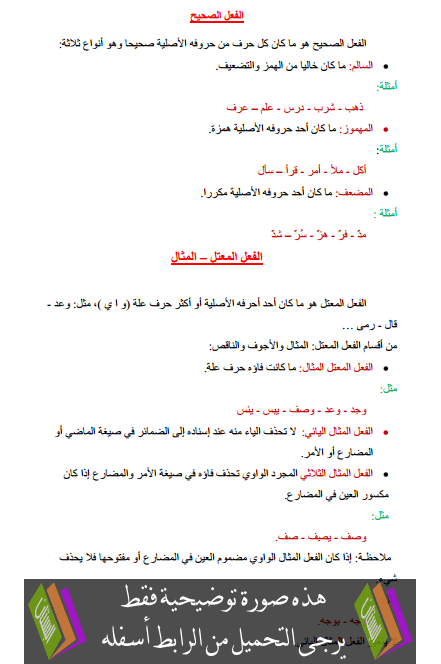 درس اللغة العربية: الفعل الصحيح - الفعل المعتل – المثال – السادس ابتدائي