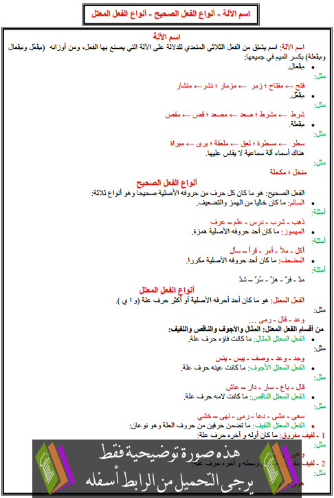 درس الصرف والتحويل: اسم الآلة - أنواع الفعل الصحيح - أنواع الفعل المعتل – الخامس ابتدائي