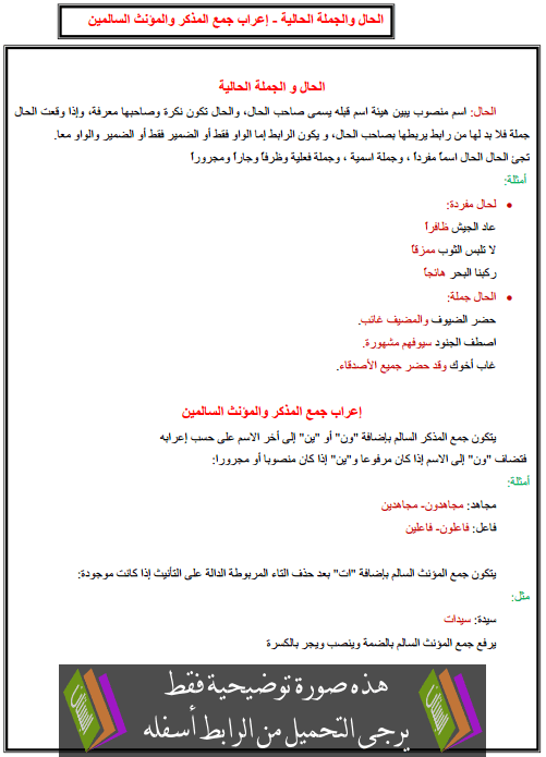 درس التراكيب: الحال والجملة الحالية - إعراب جمع المذكر والمؤنث السالمين – الخامس ابتدائي