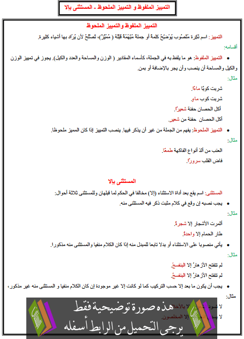 درس التراكيب: التمييز الملفوظ و التمييز الملحوظ - المستثنى بإلا – الخامس ابتدائي