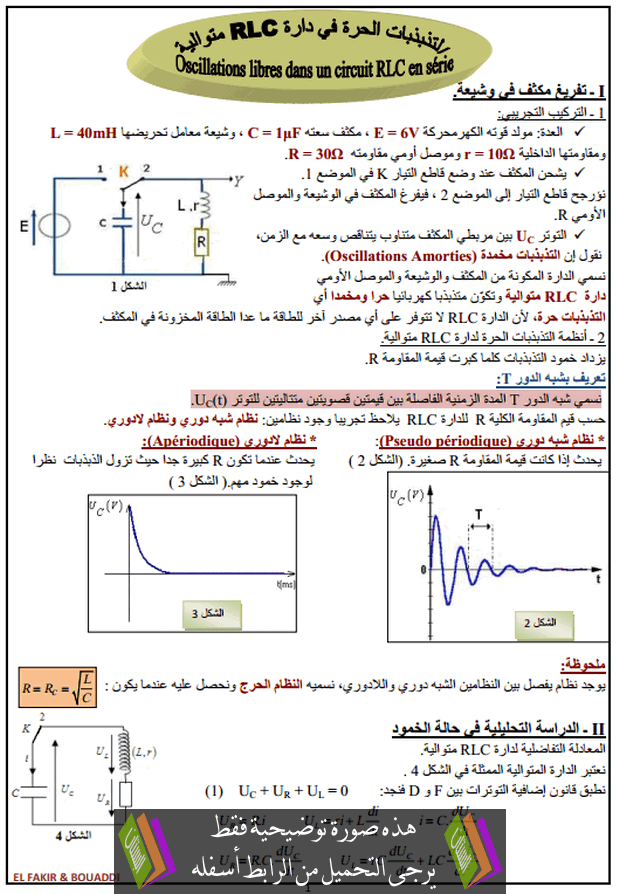 درس التذبذبات الحرة في دارة RLC متوالية للسنة الثانية باكالوريا علوم