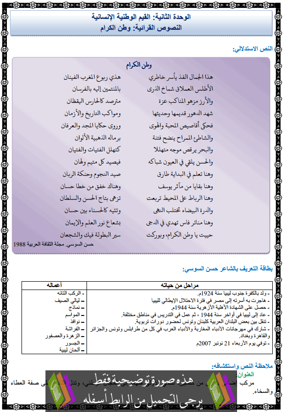   درس اللغة العربية: مكون النصوص القرائية - وطن الكرام – الثانية إعدادي