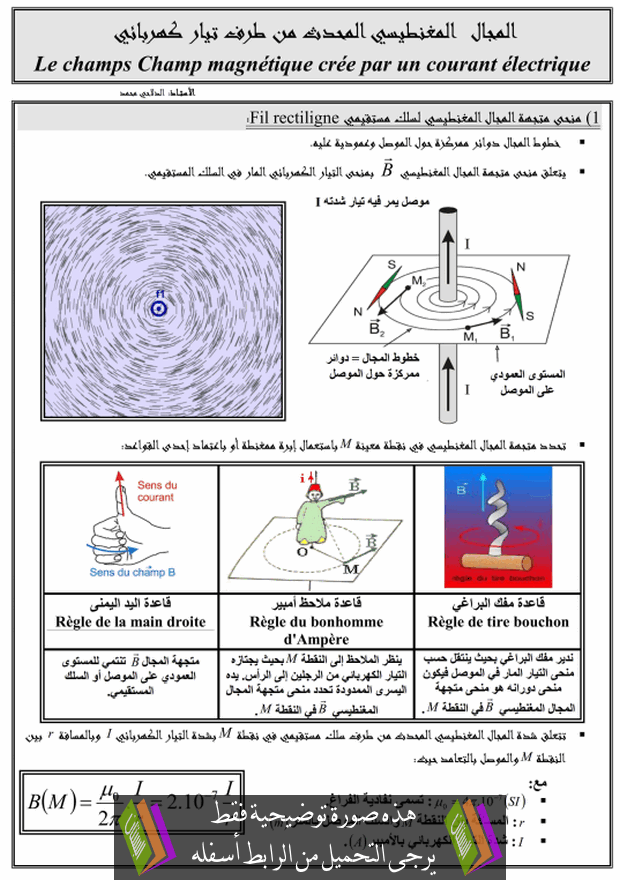 درس المجال المغناطيسي المحدث من طرف تيار كهربائي للسنة الأولى باكالوريا علوم