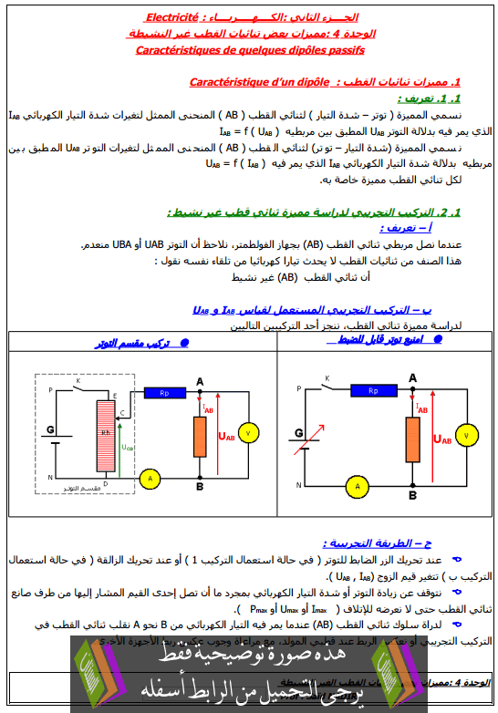 درس مميزات بعض ثنائيات القطب غير النشيطة جذع مشترك علمي وتكنولوجي