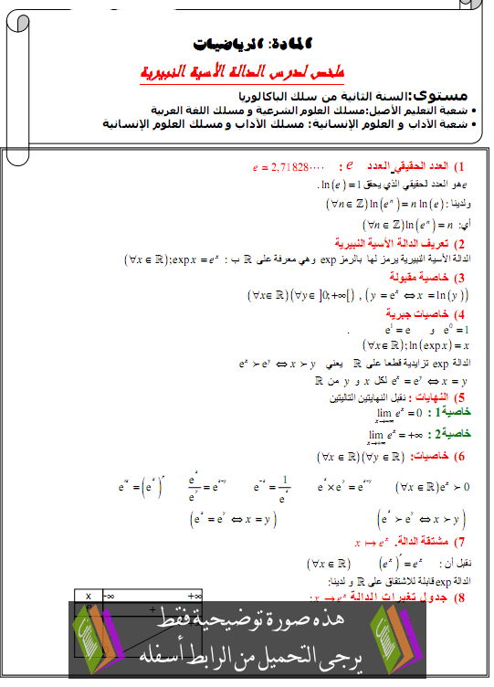 درس الدالة الأسية النيبيرية - الثانية باكالوريا المسالك الأدبية والأصيلة