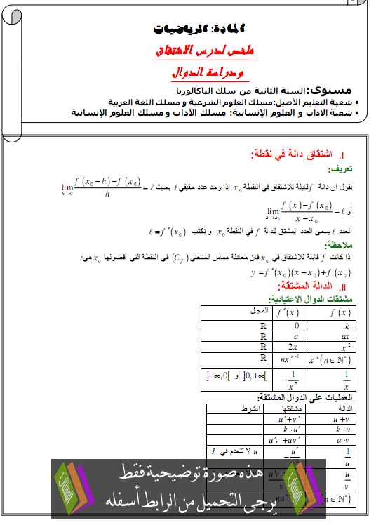 درس الاشتقاق ودراسة الدوال - الثانية باكالوريا المسالك الأدبية والأصيلة