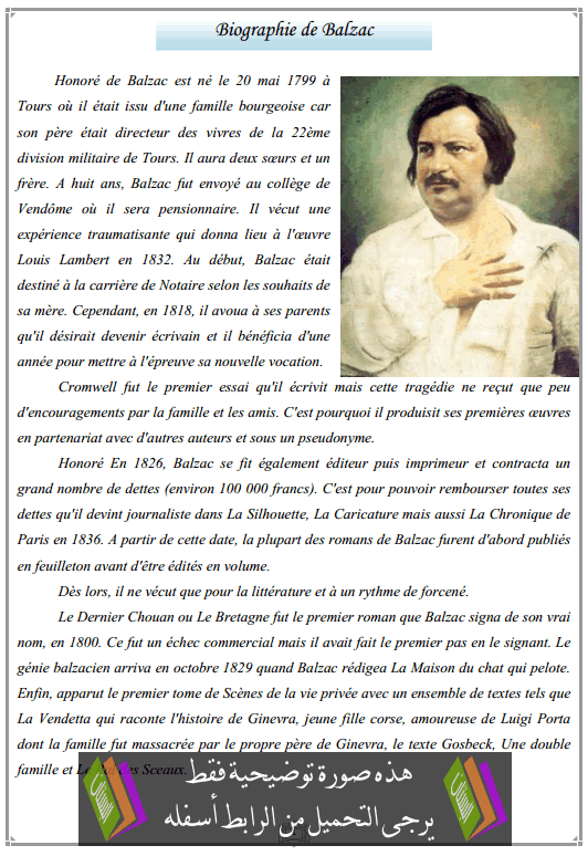 درس Biographie de Balzac - اللغة الفرنسية - الثانية باكالوريا