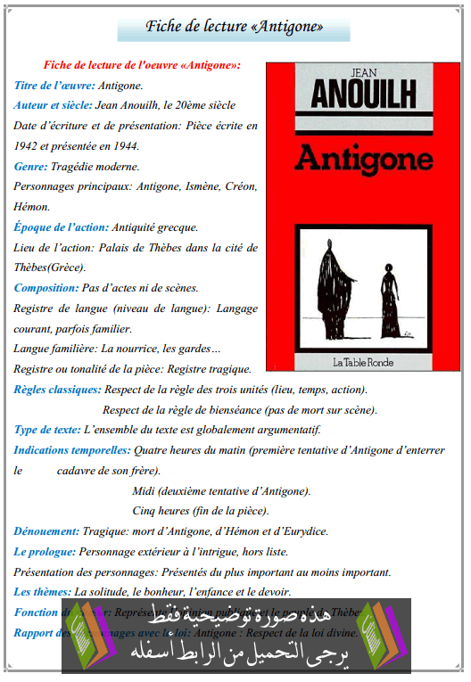درس «Fiche de lecture «Antigone - اللغة الفرنسية - الأولى باكالوريا