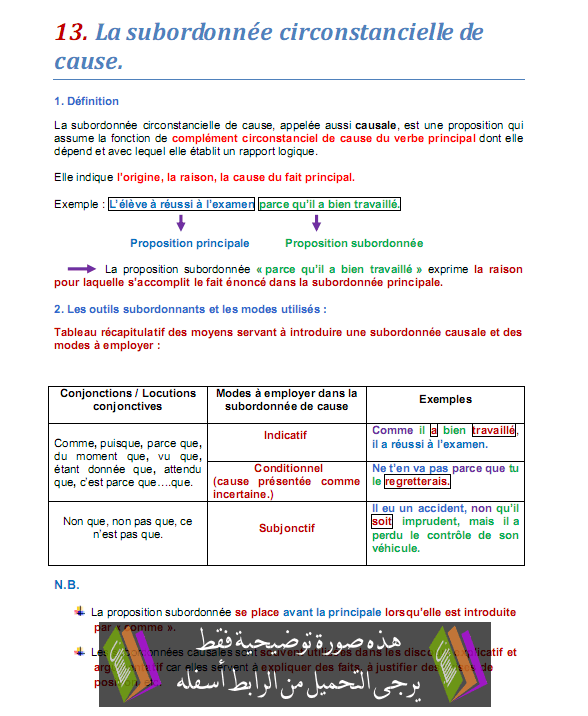 درس La subordonnée circonstancielle de cause - اللغة الفرنسية - الثالثة إعدادي