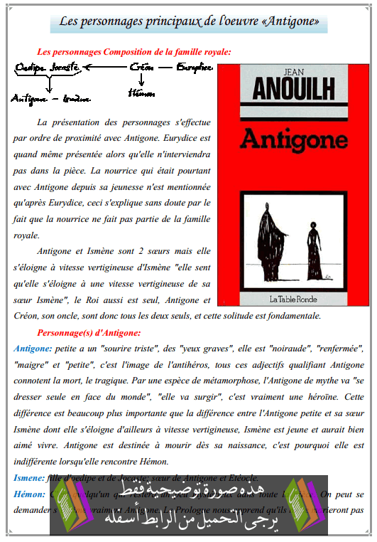 درس «Les personnages principaux de l'oeuvre «Antigone - اللغة الفرنسية - الأولى باكالوريا