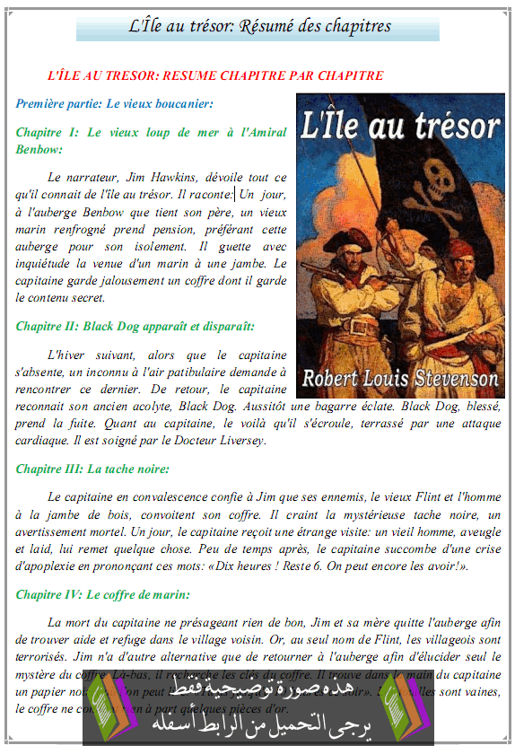 درس L'Île au trésor: Résumé des chapitres - اللغة الفرنسية - الثالثة إعدادي