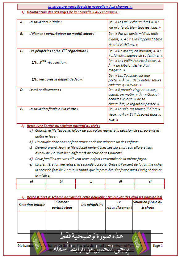 Le structure narratif de la nouvelle «Aux champs - اللغة الفرنسية  Le-structure-narratif-de-la-nouvelle-«Aux-champs