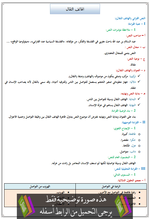 تحضير النص القرائي الهاتف النقال للأولى إعدادي (اللغة العربية)