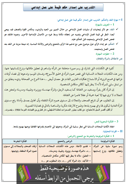 درس التدريب على إصدار حكم قيمة على عمل إبداعي الثالثة إعدادي (اللغة العربية)