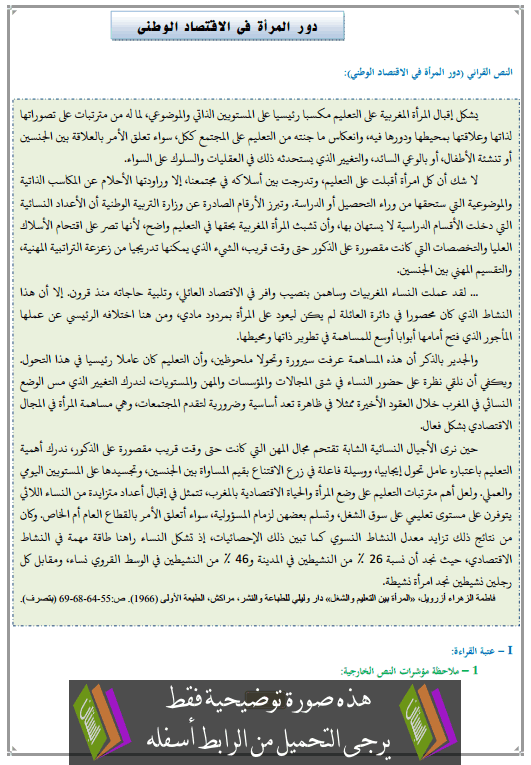 تحضير النص القرائي دور المرأة في الاقتصاد الوطني الثالثة إعدادي (اللغة العربية)