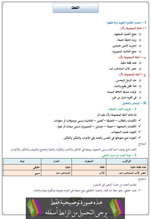 درس النعت للثانية إعدادي (اللغة العربية)