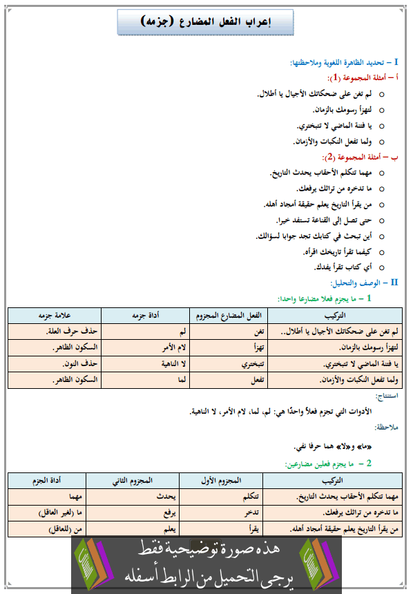 درس إعراب الفعل المضارع (جزمه) للأولى إعدادي (اللغة العربية)