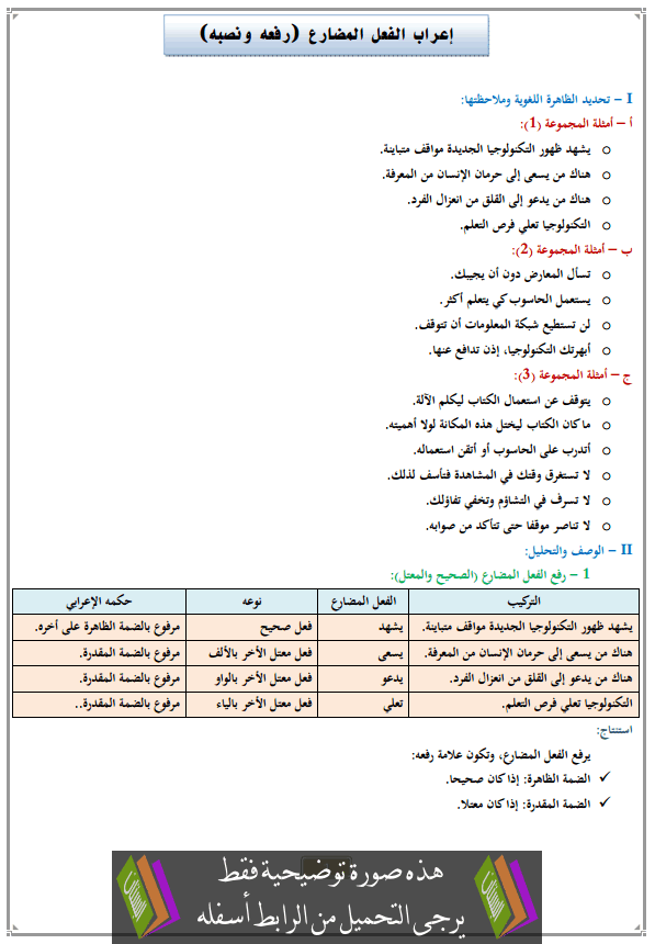 درس إعراب الفعل المضارع (رفعه ونصبه) للأولى إعدادي (اللغة العربية)