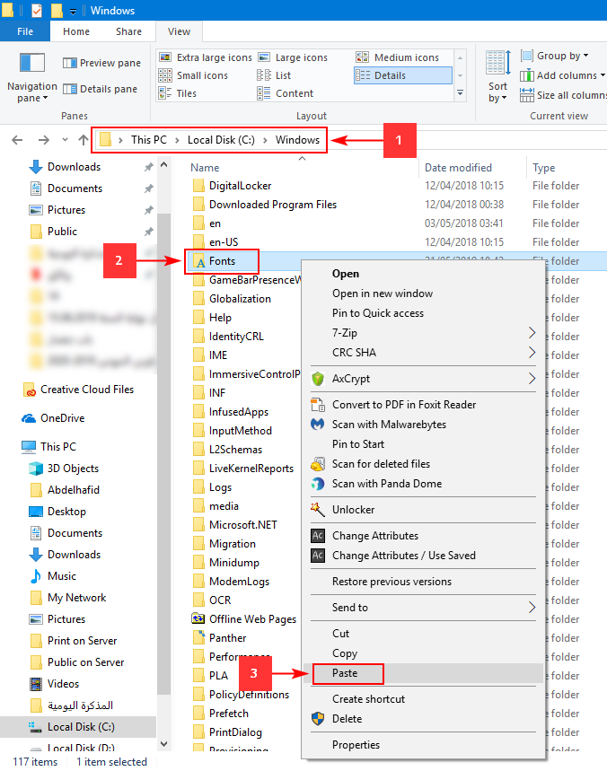 مسار مجلد الخطوط Fonts بنظام ويندوز 10